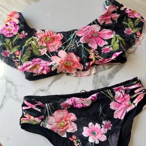 bebe Floral Black and Pink Bikini